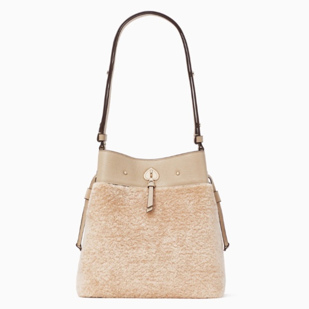 ♠️Kate Spade Marti Shearling Large Bucket Shoulder Bag, Light Sand NWT